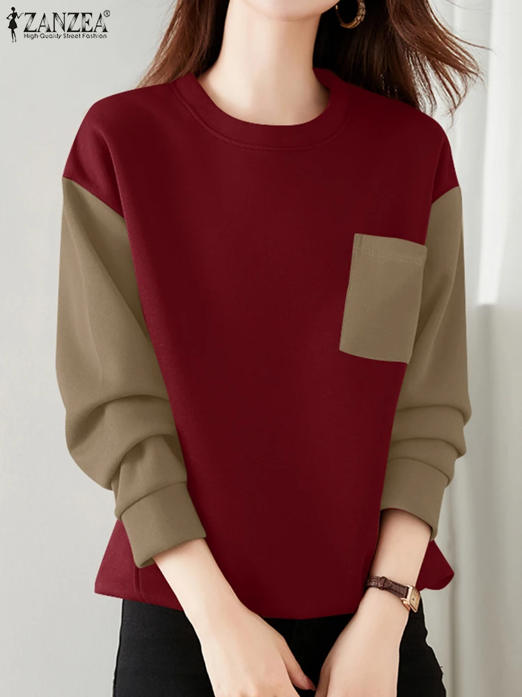 ZANZEA 2024 Fall Korean Fashion Pullovers Loose Casual Women Drop-shoulder Color Block Patchwork Sweatshirts Long Sleeve Hoodies