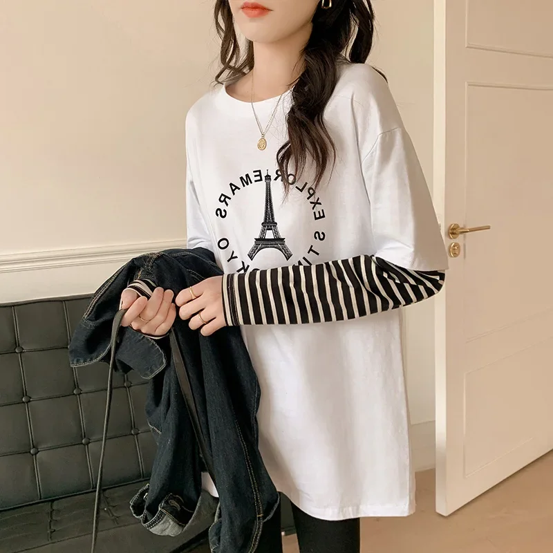 Harajuku pure cotton Long Sleeve cartoon printed T-shirt for Women Y2k Aesthetic Tops Striped patchwork fake two pieces T Shirt