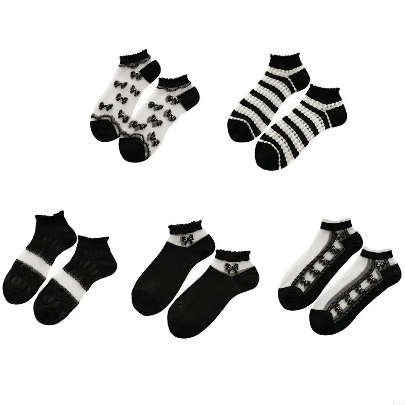 

P88B Women Summer Cotton Short Ankle Socks Preppy Sheer Glass Fiber Mesh Patchwork Sweet Bowknot Pattern Ruffled Trim No