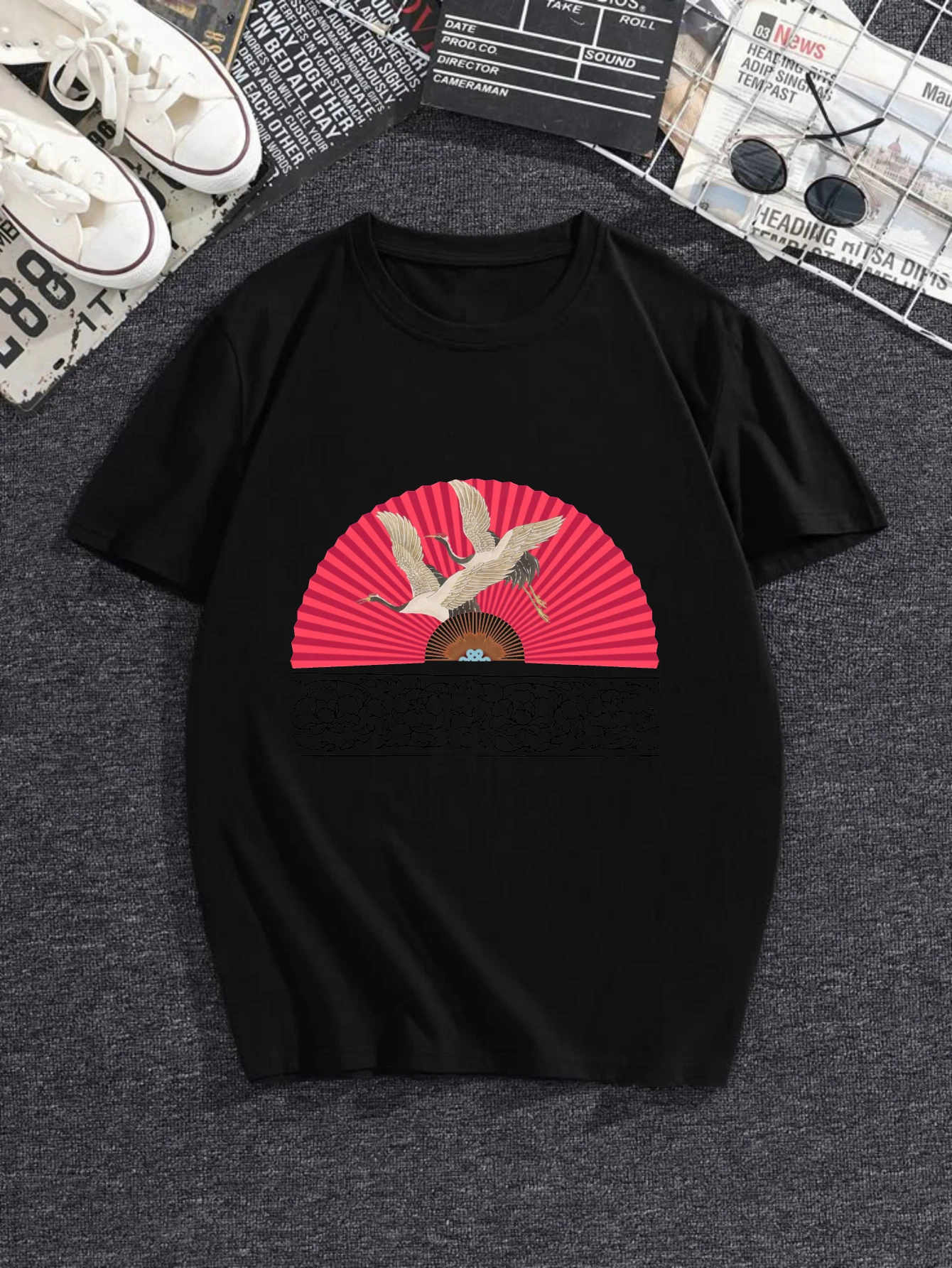 

Women's T-shirts Chinese style Christmas Basic Oversize Tee Y2k Casual 100% cotton Red Fan With Birds printed tee Short slee