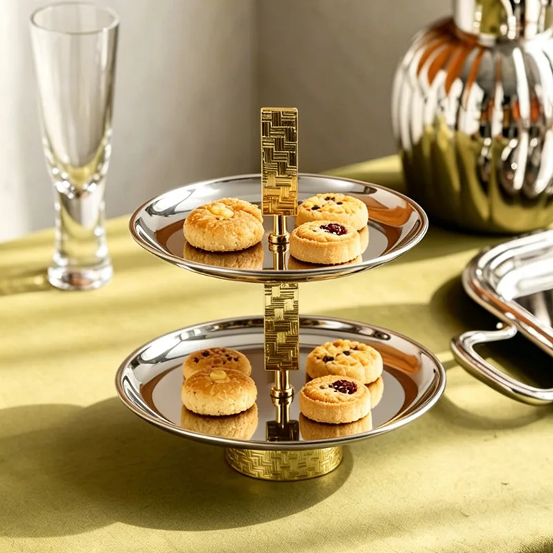 Luxury Metal Double-layer Fruit Plate Two-layer Tray Ornaments Hotel Restaurant Bakery Snacks Cake Plate Home Decoration