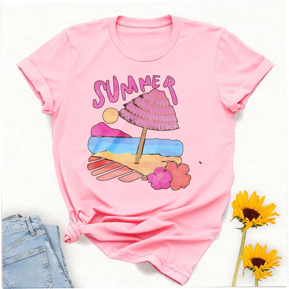 Women Summer Beach Graphic T Shirt Pink Parasol Sea View Print Short Sleeve Tee Casual Loose Fit Cotton Top Holiday Vacation