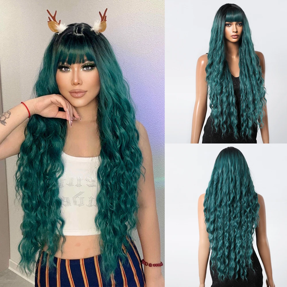 Long Curly Synthetic Wigs Dark Green Cosplay Natural Wig with Bangs Loose Wavy Wigs Women Green Ombre Fake Hair for Party Use