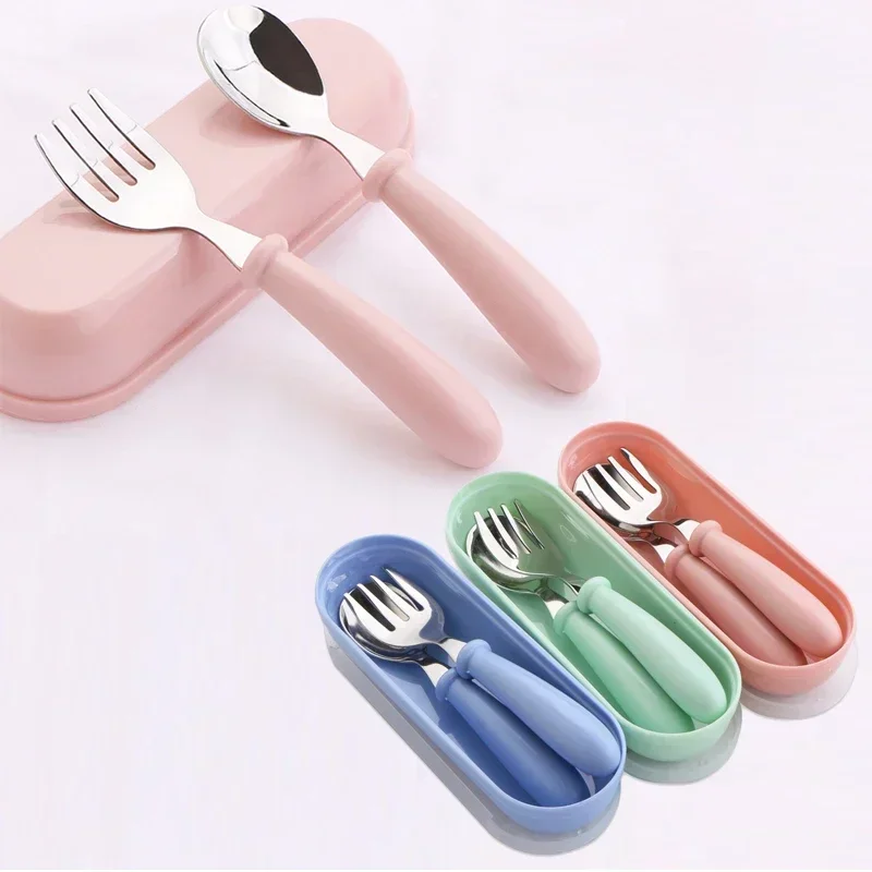 3Pcs Children Spoon Forks Box Kids Stainless Steel Kids Portable Cutlery Baby Spoons Feeding Utensils  Various Colors Baby Table