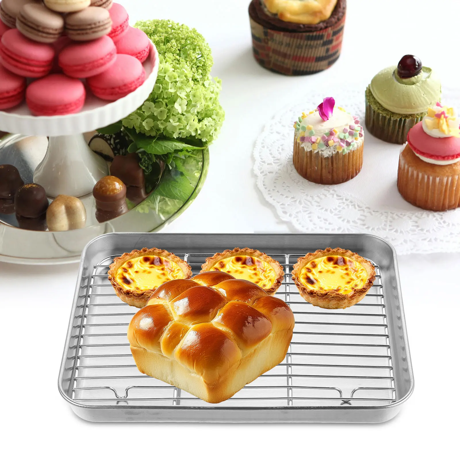 

1 set Stainless Steel Baking Tray Cooling Rack Set Mini Oven Pan Cookie Racks Storage Fried Food Serving Oil Draining Dessert