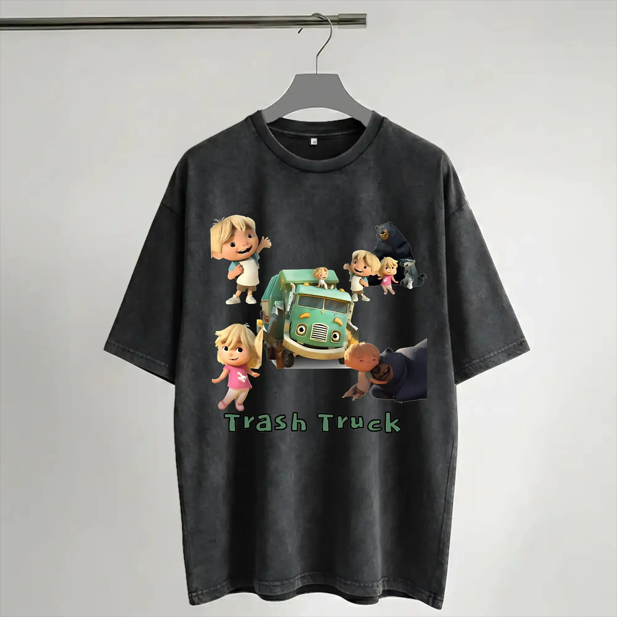 Harajuku Washed Shirts Trash Truck anime Merch Novelty T-Shirts High Street  Streetwear Short Sleeve Summer Tops Tees