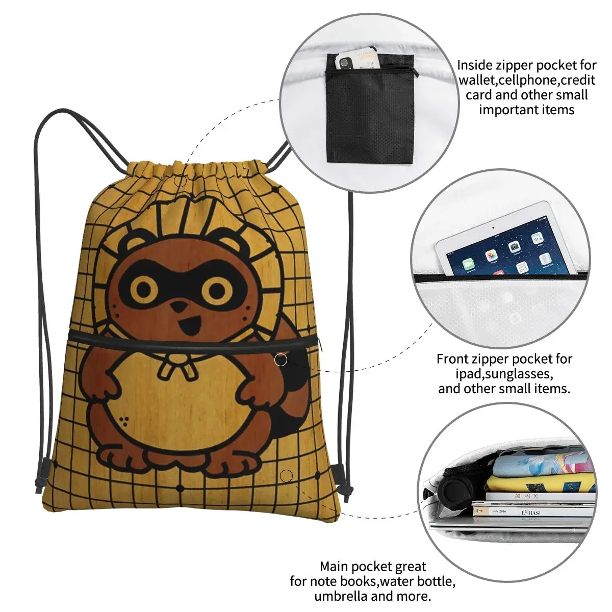 The Tenuki Tanuki-mochila portátil con cordón para estudiantes, bolso con bolsillo para zapatos, a la moda