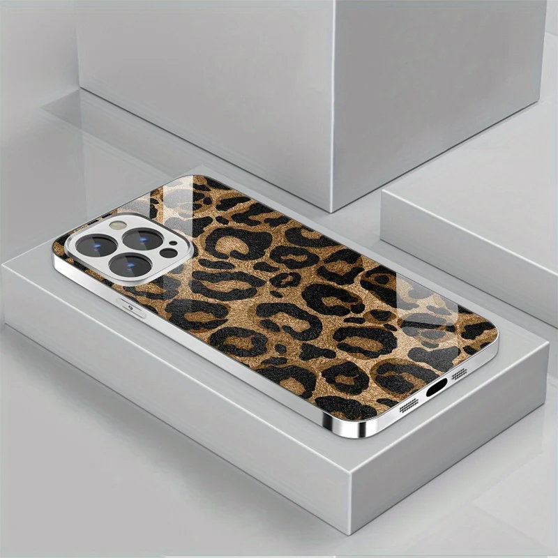 Fashionable leopard print electroplated glass phone case, suitable for iPhone 17, 16, 15, 14, 13, 12, 11, etc.