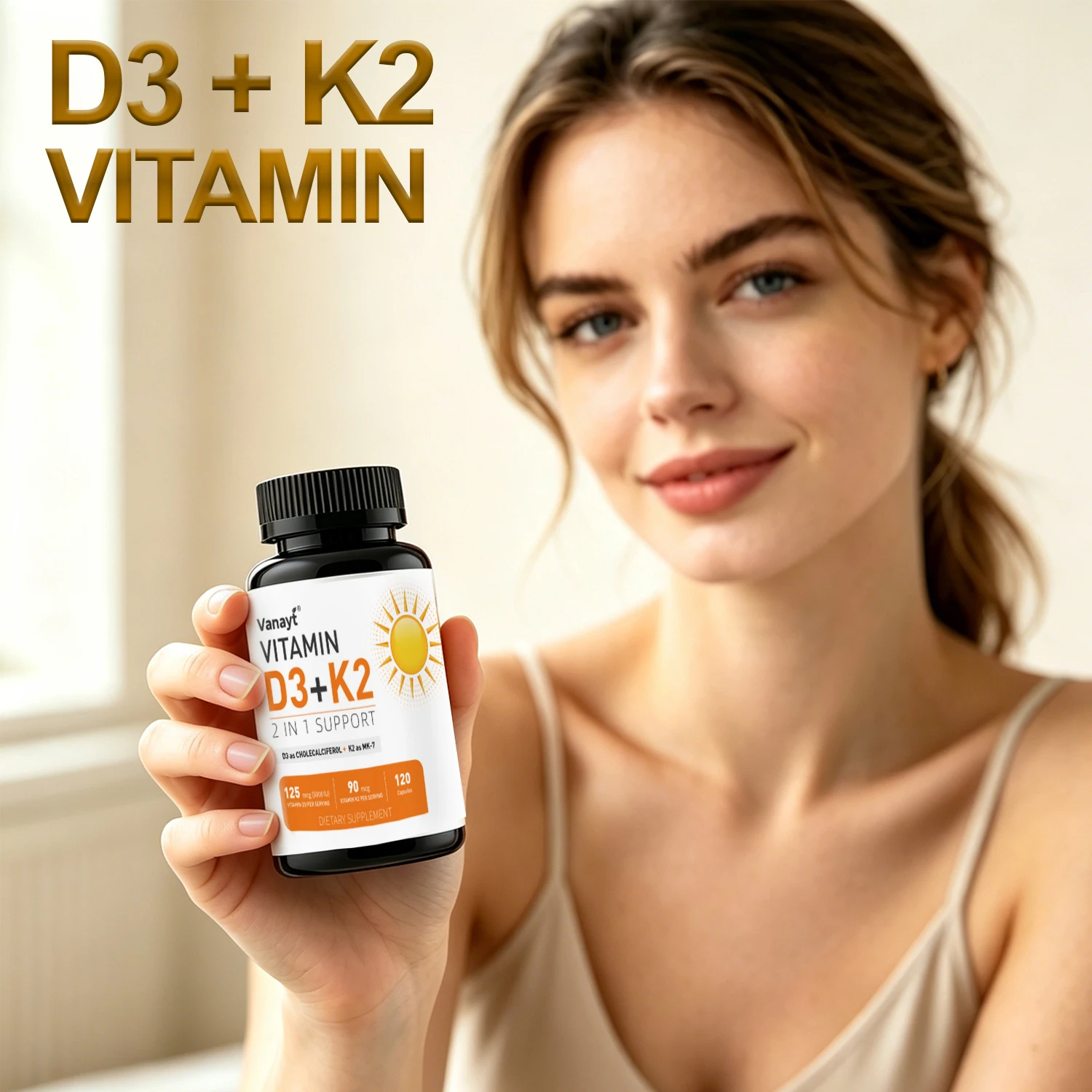 Vitamin D3 5000IU K2 90 Mcg Joint Support Supplement, for Heart & Bone Health, Cardiovascular & Immune Support, Calcium Absorption 120 Capsules