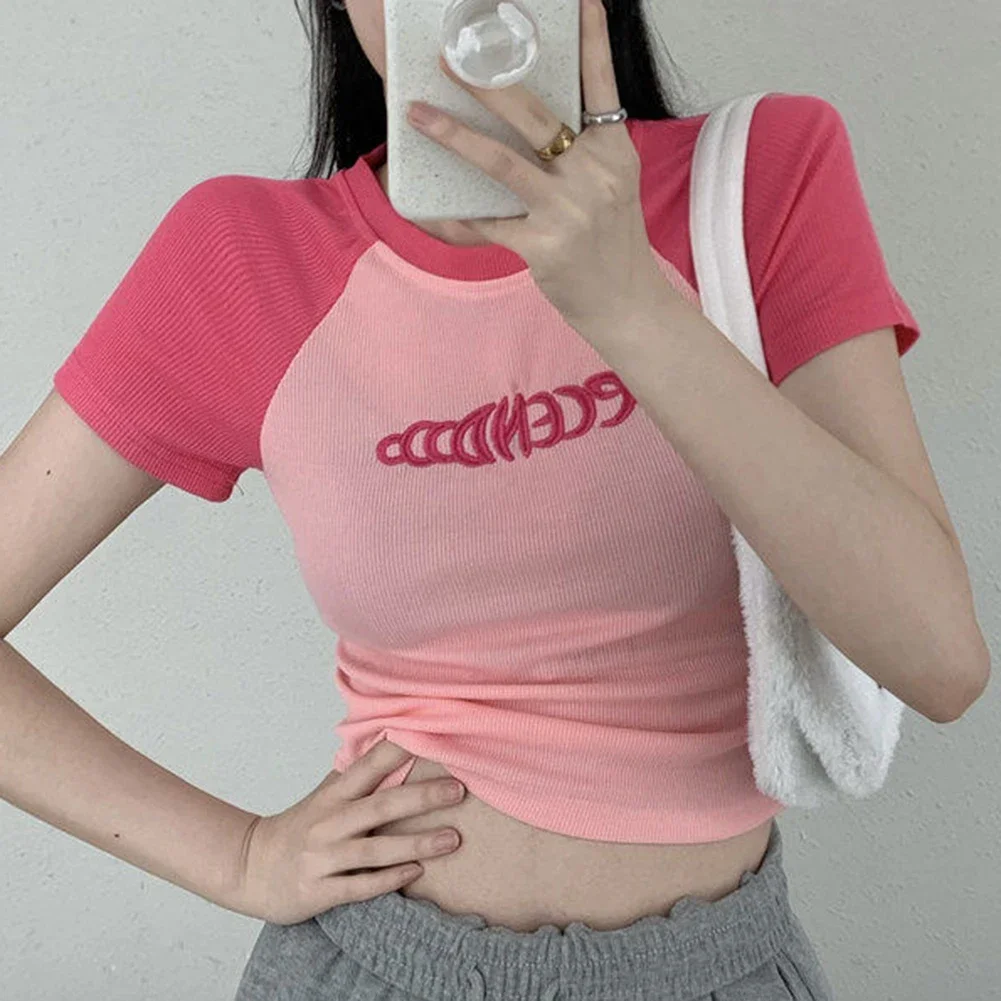 

Y2K Women T Shirt Patchwork Letter Slim Fit Crop Tops Streetwear Casual Korean Fashion Short Sleeve Tshirts Bae Female Tees