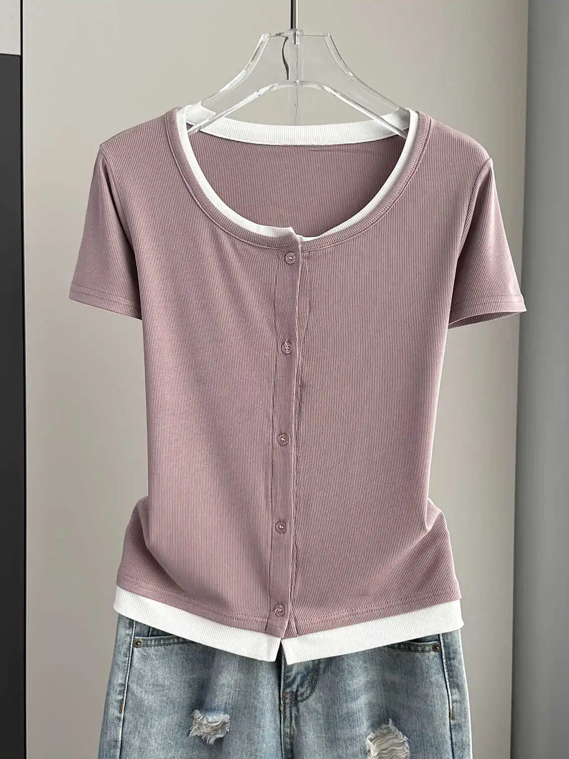 Chic ปลอม 2 ชิ้นเสื้อยืดผู้หญิงฤดูร้อนใหม่ O-คอเดี่ยวบางแขนสั้น Cardigans แฟชั่นหญิง Tee Tops