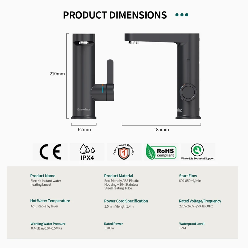 Briwellna – robinet chauffe-eau électrique 2 en 1, robinet de lavabo, sans réservoir, Geyser, 220V, chauffage instantané de l\'eau, pour la maison
