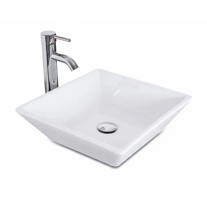 

16" White Vessel Sink, Beveled Porcelain Basin with Faucet and Pop-Up Drain