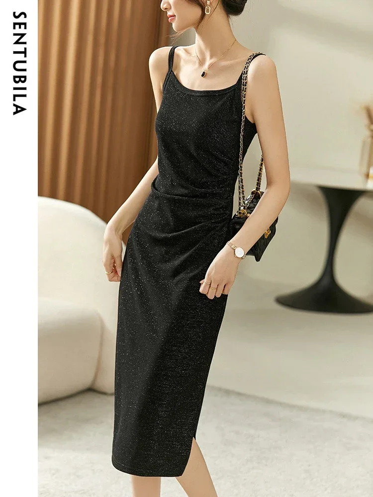 

SENTUBILA Sequins Black Knitted Dress for Women 2025 Spring Office Lady Split Sexy Fitted Midi Dresses Female Clothes 123L44101