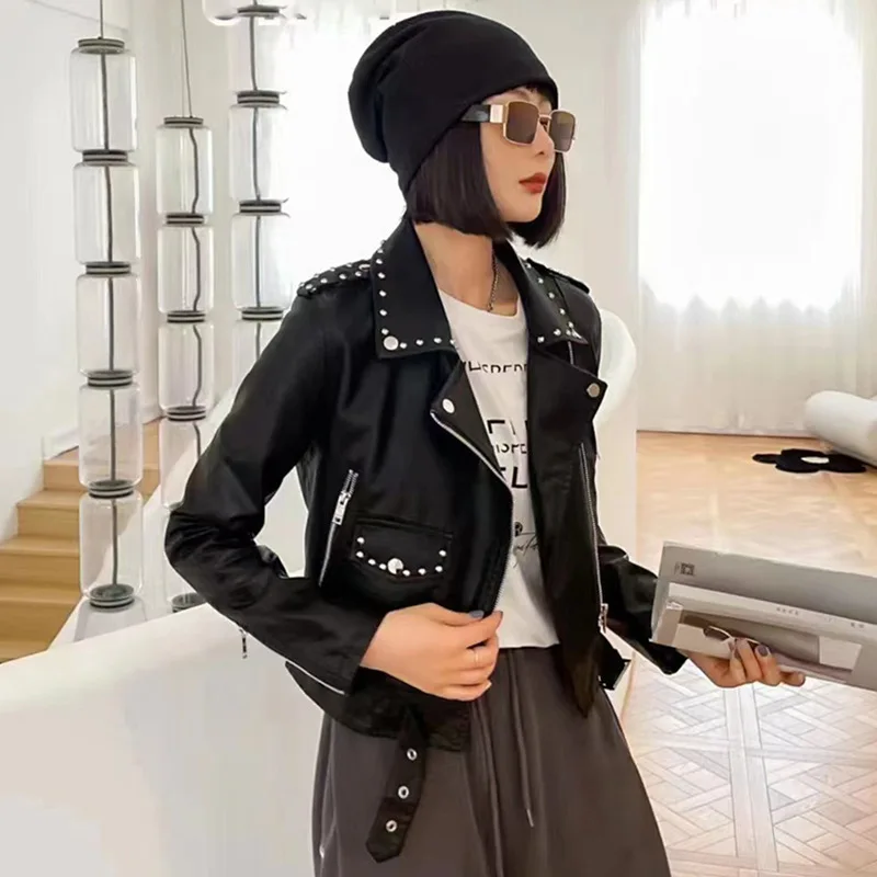 2024 Women's Motorcycle PU Leather Coat Autumn Fashion Personality Rivet Lapel Leather Jacket