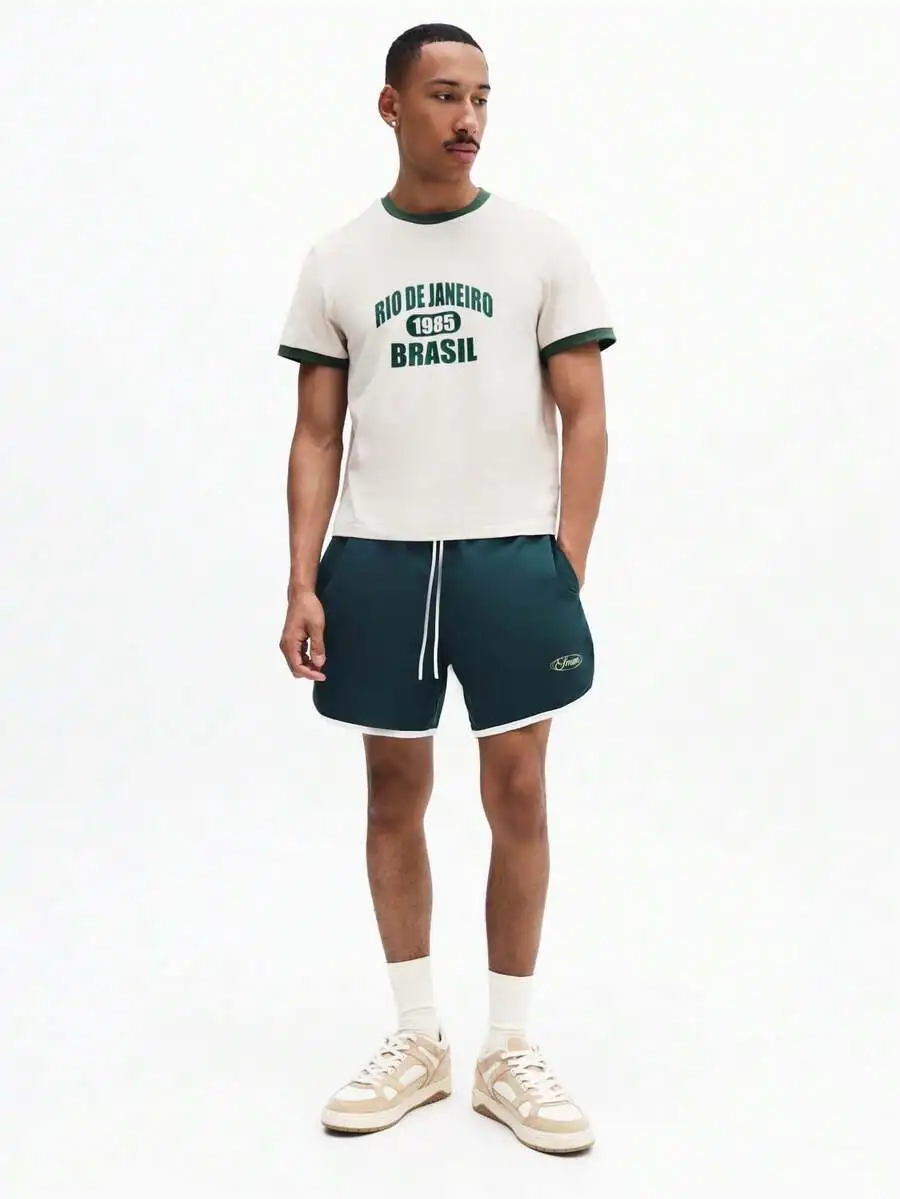 

Men’s Cotton Blend Ringer Tee With Rio De Janeiro 1985 Brasil Graphic, Short Sleeve Crew Neck, Slim Fit Summer Travel Wear