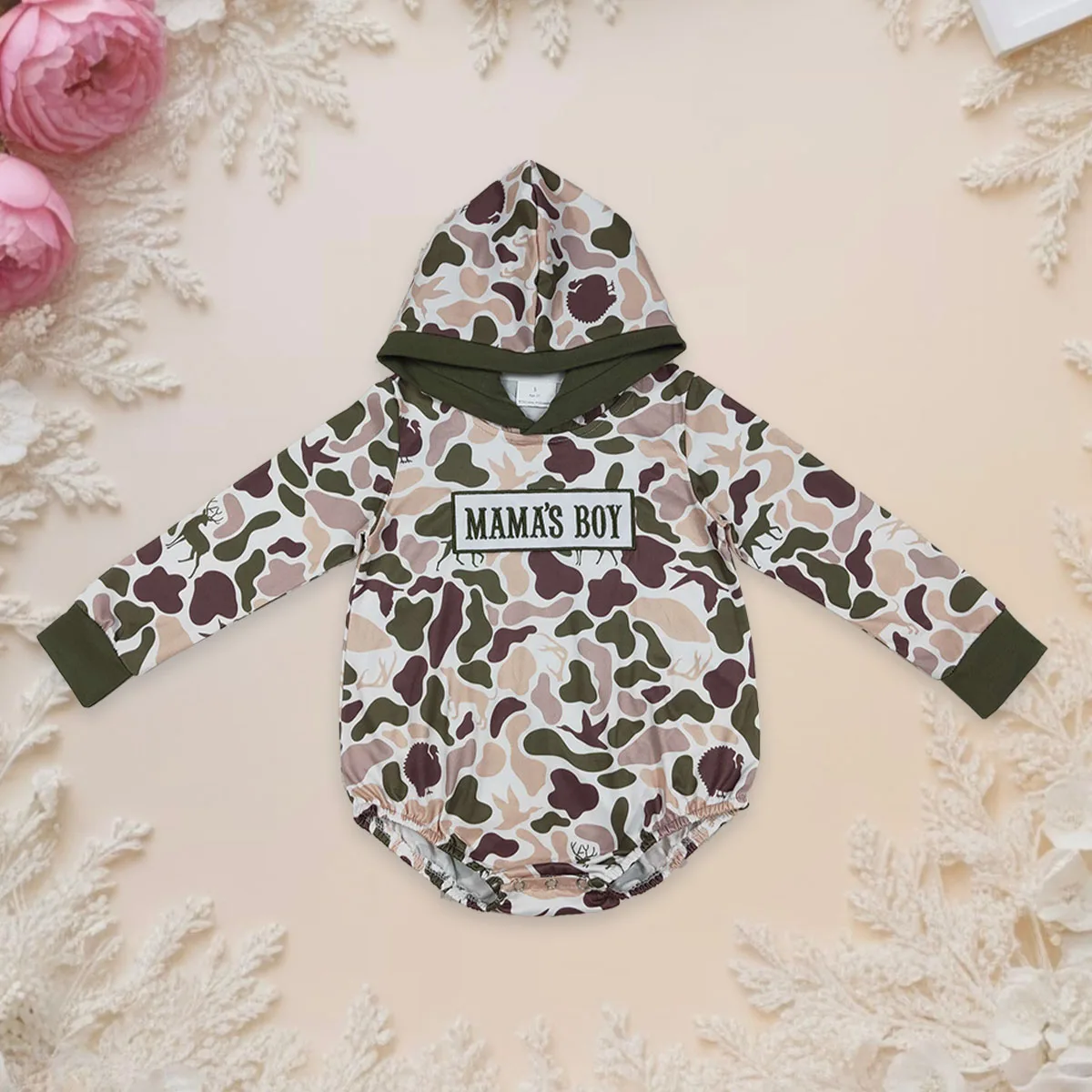 

Newborn Bodysuit Baby Embroidery Mama's Boy Deer Dogs Ducks Camo Hoodie Tops Long Sleeve Romper Toddler Kids Clothes Jumpsuit