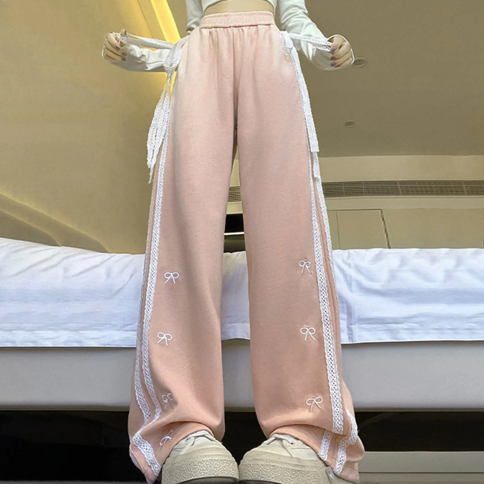 

Women Pink Bow Apricot Sweatpants Y2k Retro Bandage Bow High Waist Baggy Jogger Trousers Harajuku Streetwear Wide Pants Clothes