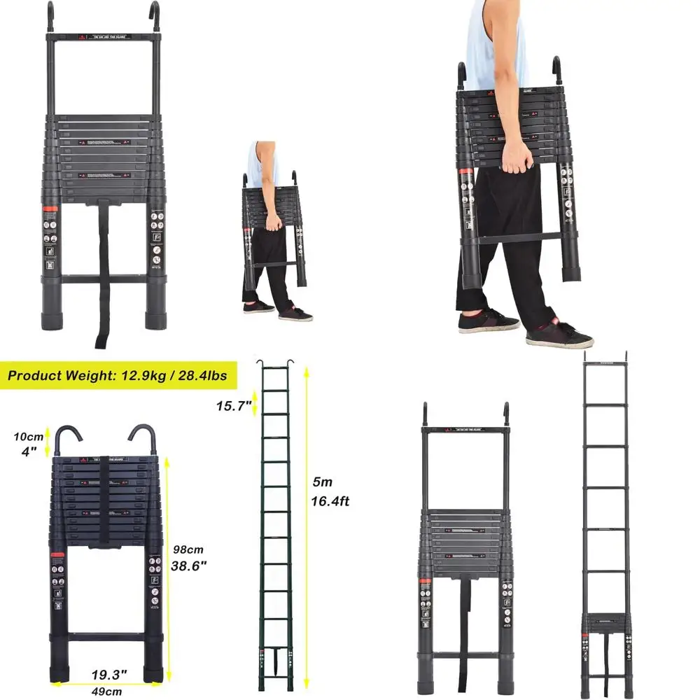 سلم تمديد تصغير من الألومنيوم الأسود شديد التحمل مع خطافات قابلة للفصل، ارتفاع مطوي 3.2 قدم لسهولة التخزين والمريحة
