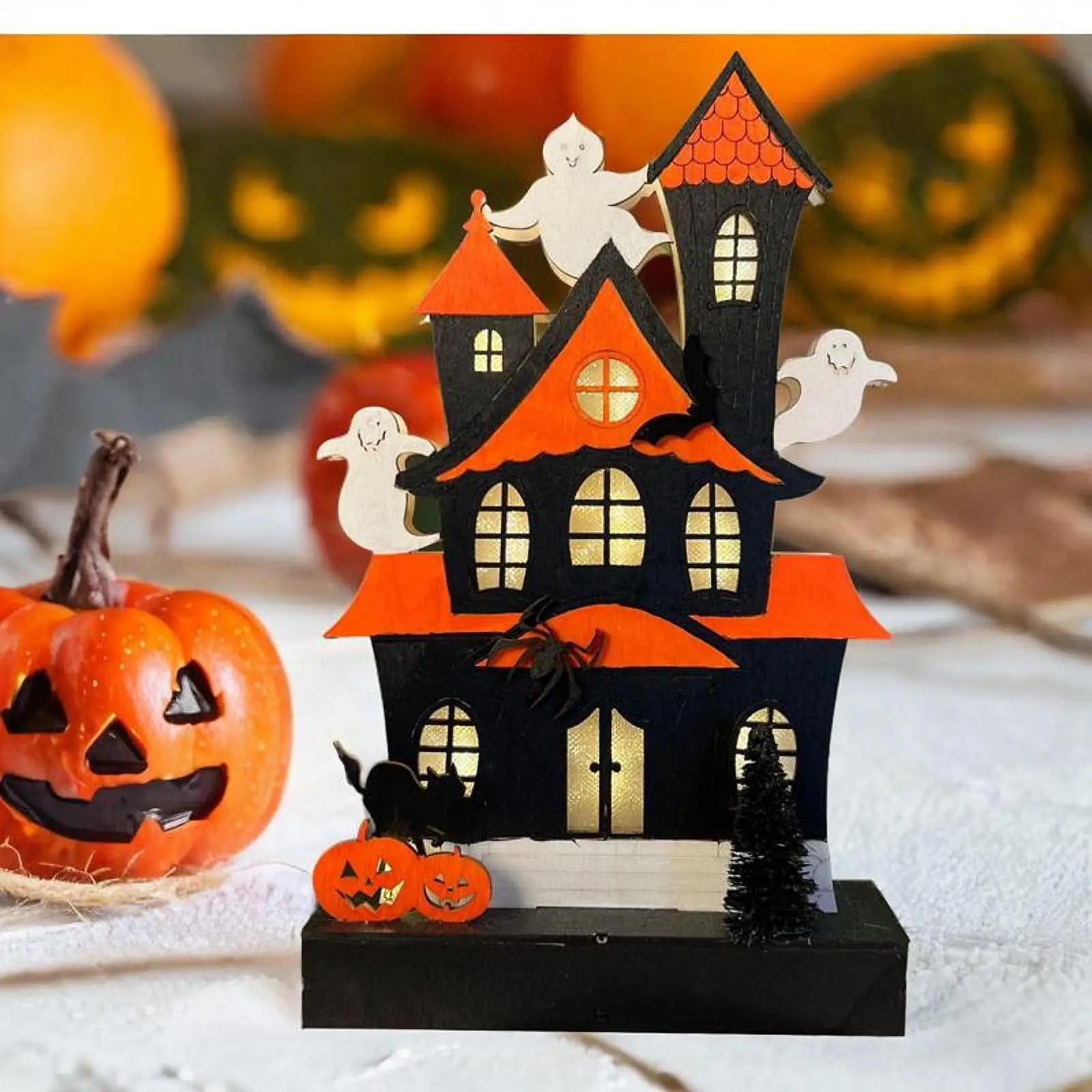 Wooden Lighted Haunted Home Ghost Pumpkin Decor Ghost Home Tabletop LED Decoration for Table Desk Halloween Kitchen Fireplace