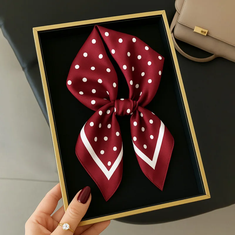 

Квадратный шарф в горошек 70 см для женщин, универсальный шелковый платок, элегантная лента для шеи и повязка для волос, модный головной убор и резинка для волос