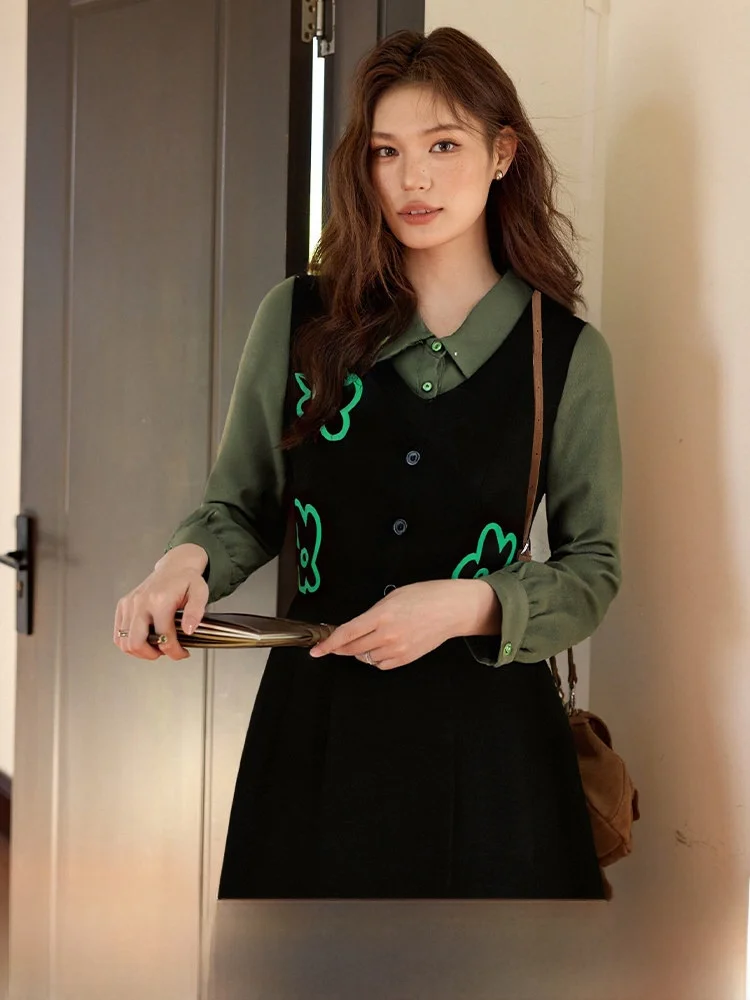 

plus Size Women's Dr Slimming Vintage Spliced Design Casual A-Line Skirt Long Sve Embroidered Polyester Fiber Dr