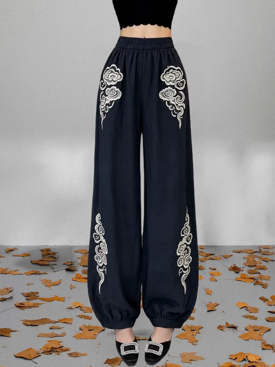 

Loose Fit Casual Pants Women's Summer Thin Straight Leg Wide Leg Cuffed Pants High Waist Elastic Polyester Fibre Printed Slim...