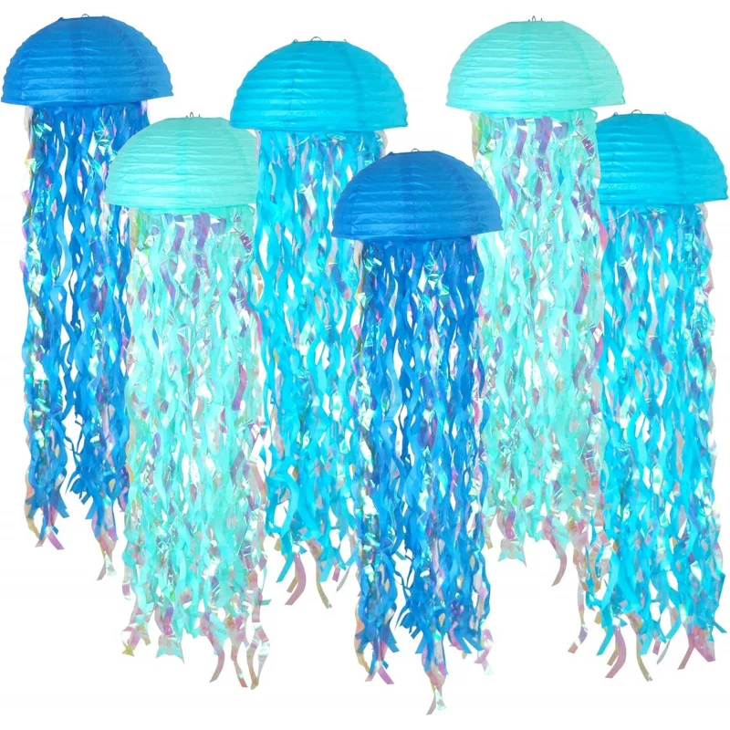 Lanterna de papel em formato de água-viva (3 peças) - decoração subaquática em gradiente azul, suprimentos para festas de aniversário com tema de sereia e festas de praia para bebês.