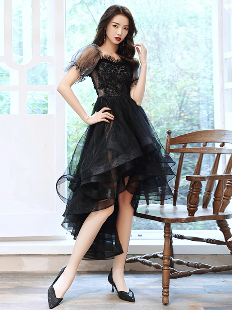 

Sweet Memory Elegant Women Black Prom Dresses Lady Appliques Tiered Tulle Party Dress Girl High/Low Formal Evening Dress
