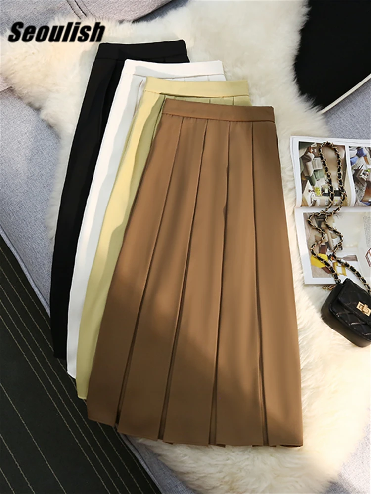 

Seoulish 2022 New High Waist Pleated Women's Midi Skirts Female Minimalism Office Umbrella Elegant A-Line Skirts Spring Summer