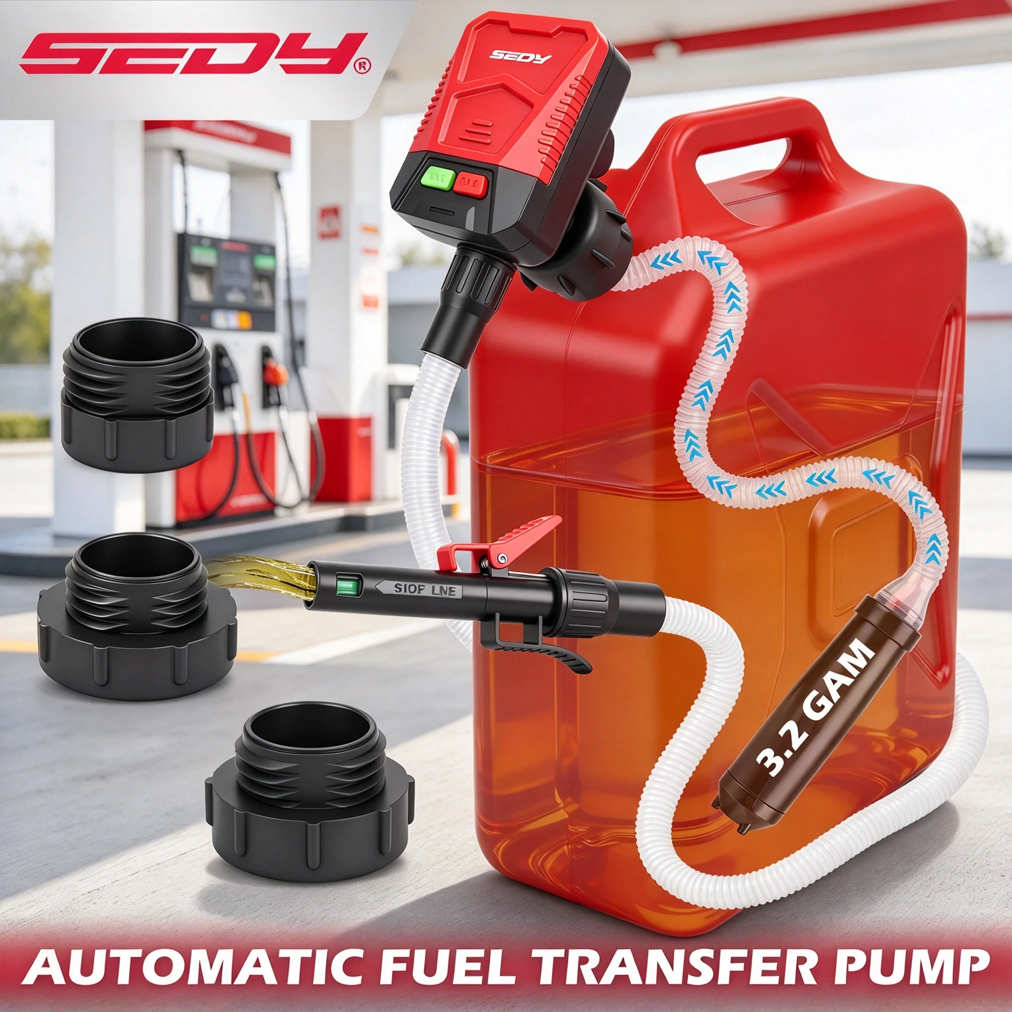 SEDY Automatic Fuel Transfer Pump with Auto-Stop Sensor(3.2 GPM), Battery Operated Gas Can Pump with 3 Can Adapters