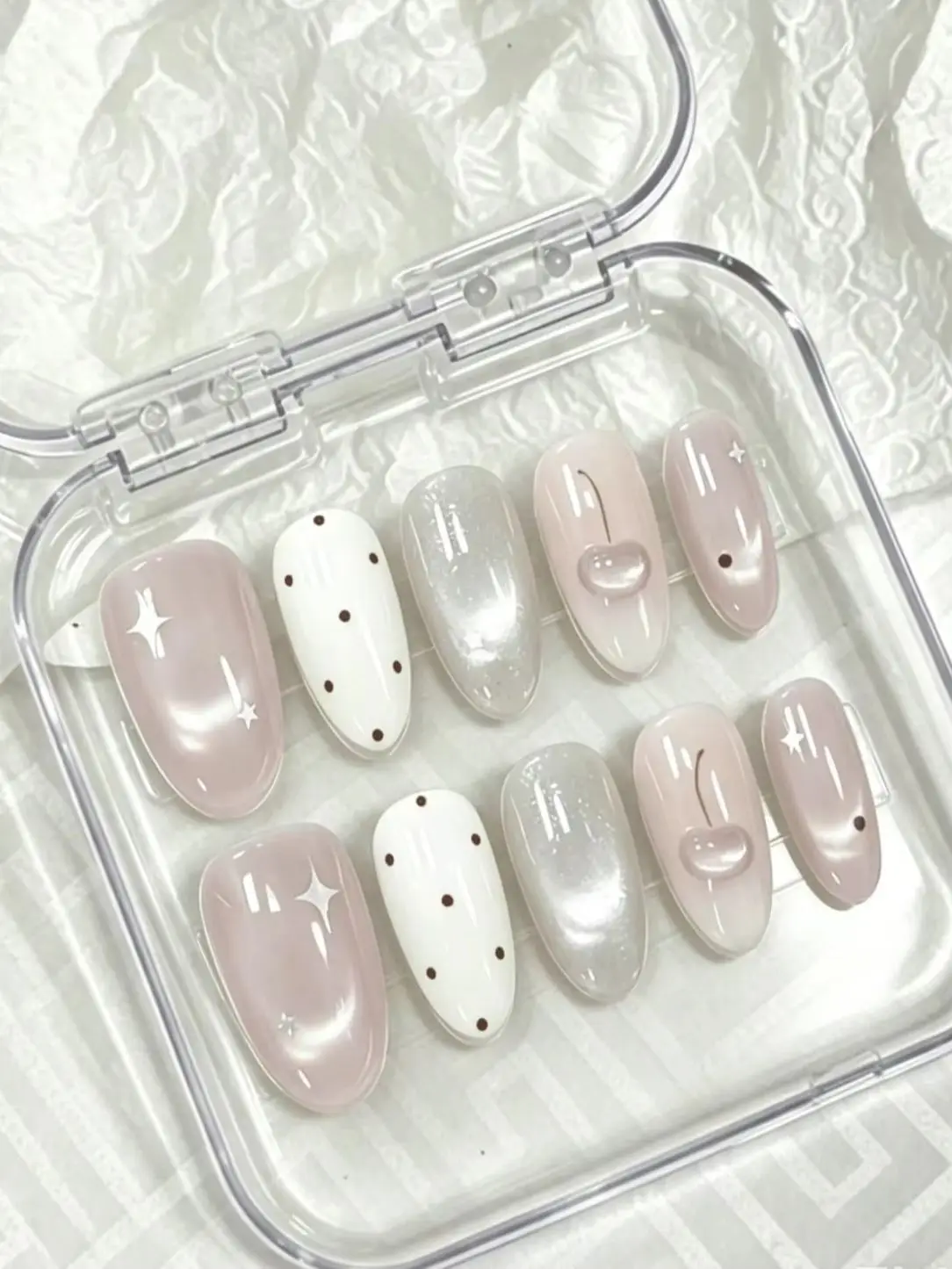 10 Pieces of Handmade Almond-Shaped Full-Cover Nail Tips, Medium Length, Pink and White Cherry Polka Dots, Soft and Sweet Style, Featuring 3D Cherry, 