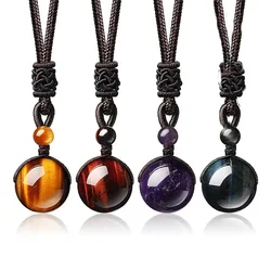 16mm Black Obsidian Tiger Eyes Amethyst Stone Women Men Necklaces with Adjustable Braided Rope Cords Natural Crystal Pendant