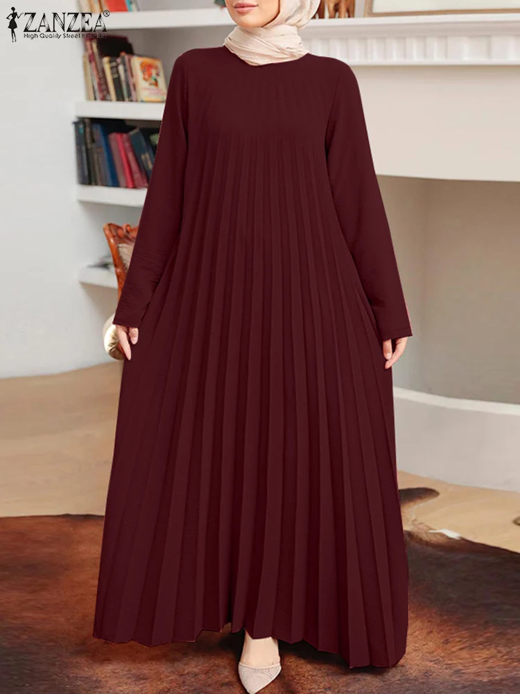 ZANZEA-vestido plisado elegante de manga larga para mujer, vestido veraniego de otoño, Abaya musulmana, Turquía, Hijab de Dubái, bata holgada lisa 2024