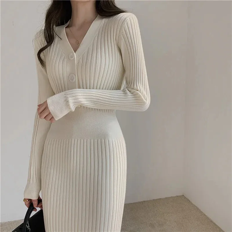 MEXZT Elegant Knitted Midi Dress Women High Waist V Neck A Line Dresses Autumn Winter Office Lady Korean Solid Slim Vestidos New