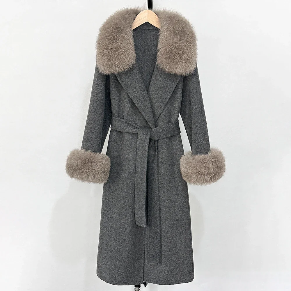 

Elegant Women Woolen Coat With Fox Fur Collar 2025 New Winter Cashmere Blend Warm Double Faced Jacket Fashion