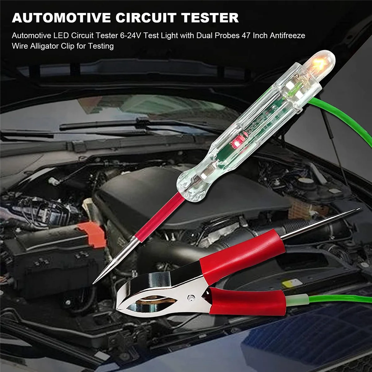 Testador de circuito LED automotivo 6-24V luz de teste com sondas duplas clipe de jacaré de fio anticongelante de 47 polegadas para testes