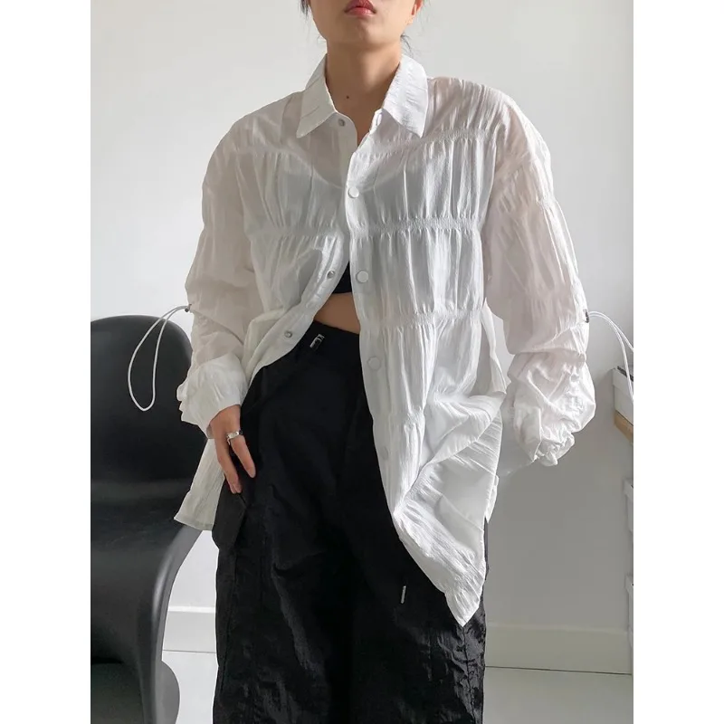 SuperAen 2024 Pleated Long Sleeved Shirt Loose Casual Drawstring Sleeve Design Shirt for Women