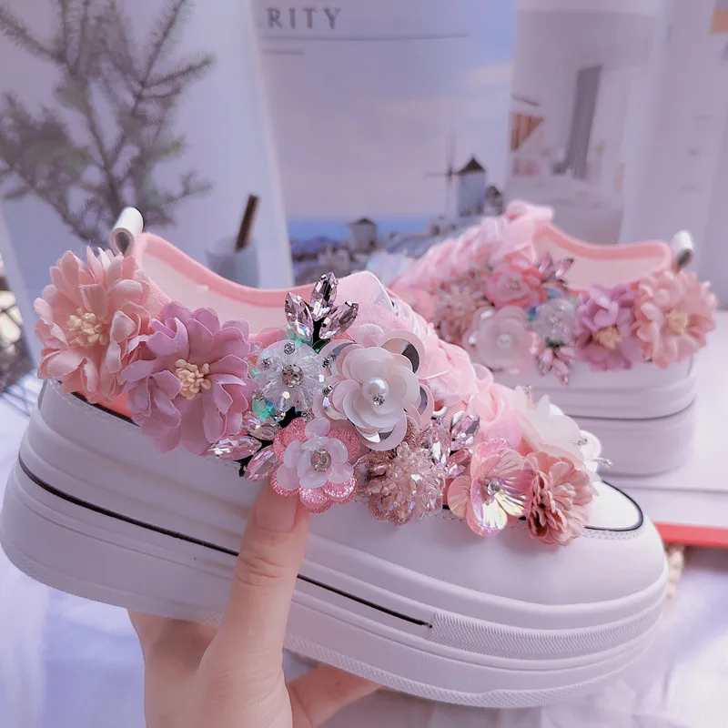 Canvas Shoes 5cm Platform Height Increasing Shoes Pink Satin Rhinestone Flowers Beautiful Sneakers Female Thick Sole Short Girls