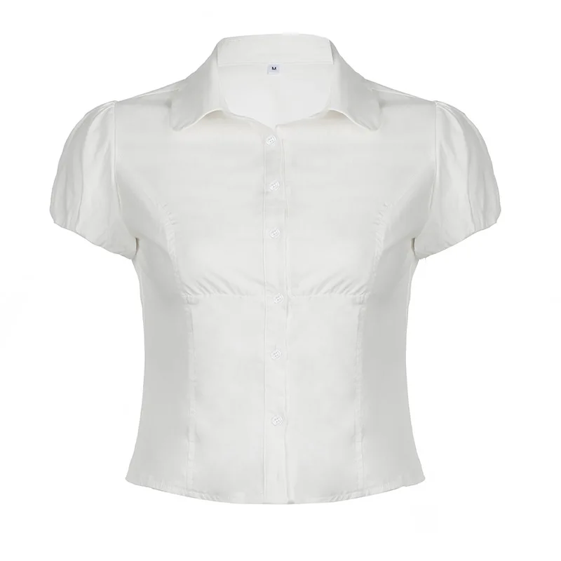 temperament Sexy lapel pleated button up bubble sleeve shirt