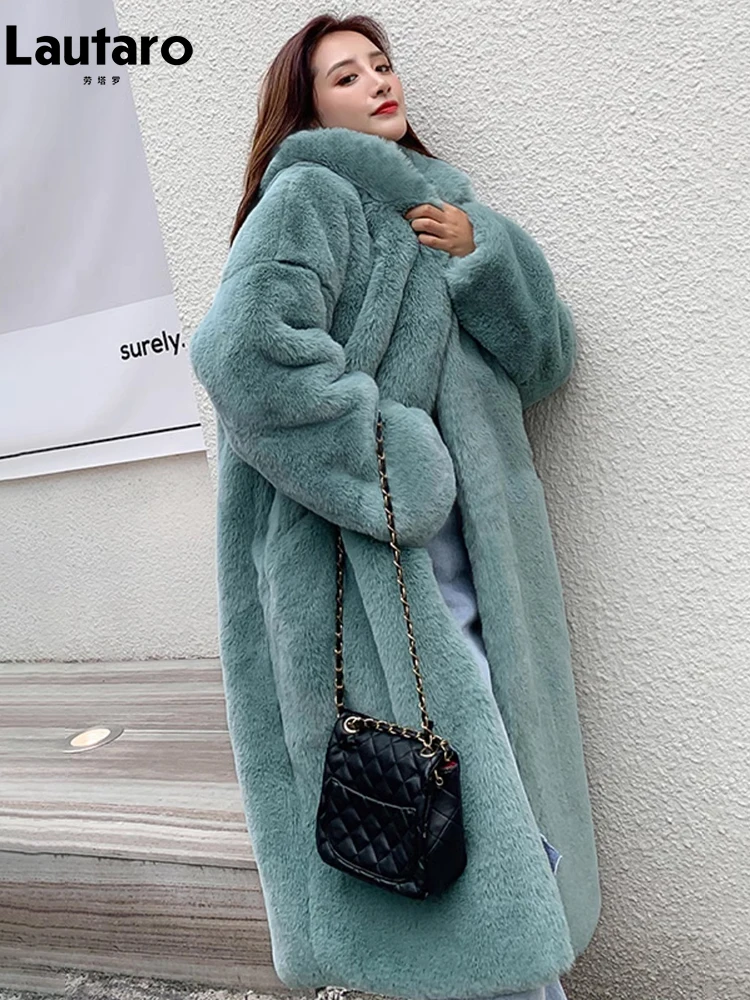 Lautaro Winter Long Loose Casual Windproof Soft Thick Warm Fluffy Green Black Faux Fur Coat Women with Hood Furry Overcoat 2023