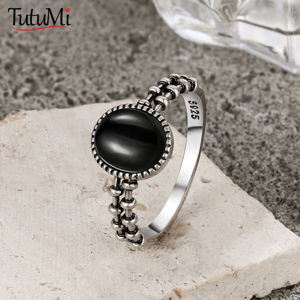 New S925 Sterling Silver Gear Ring Natural Black Onyx Vintage Unique Party Couple Gift Ring for Woman