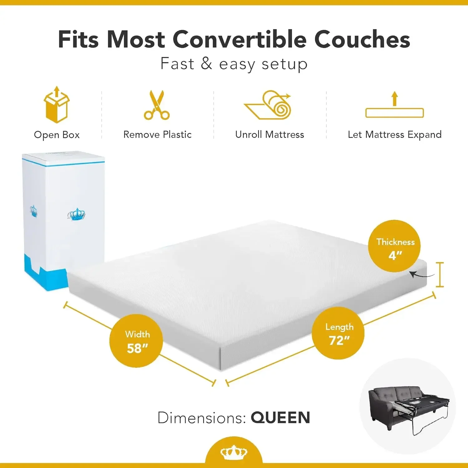 Colchón de espuma viscoelástica de gel frío de 4 pulgadas para sofás y sofás plegables convertibles, sofá tamaño Queen no incluido (hecho en EE. UU.)
