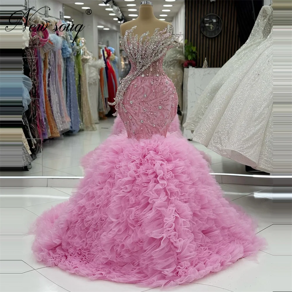 Arabic Pink Mermaid Celebrity Dresses Luxurious Tiered Skirt Wedding Party Dress Beaded Evening Dress Robes Du Soir Customized