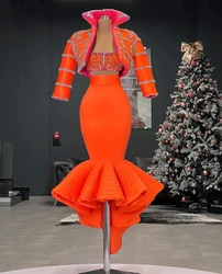 Orange Haute Couture Prom Dresses Mermaid Strapless Tea Length Beaded Saudi Arabia Dubai Robe De Soiree Evening Gown Customized