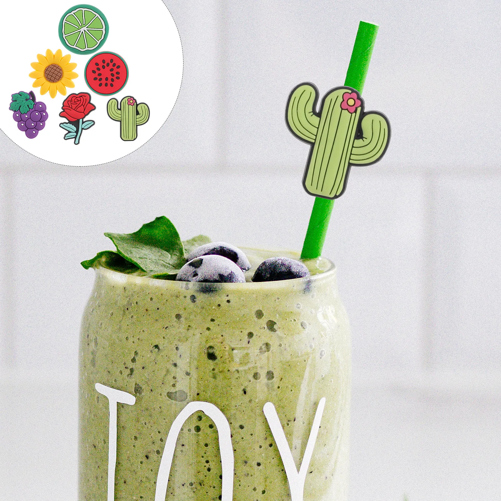 12Pcs Silicone Straw Toppers Fruit Flower Plant Designs Easy Carry Storage Reusable Straw Adorns for Home Party Bar Cafe Use