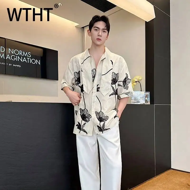 WTHT Fashion Men's Heavy Industy Flower Embroidery Contrast Color Shirts Trendy 2026 Summer Short Sleeves Lapel Tops Male 2A3111