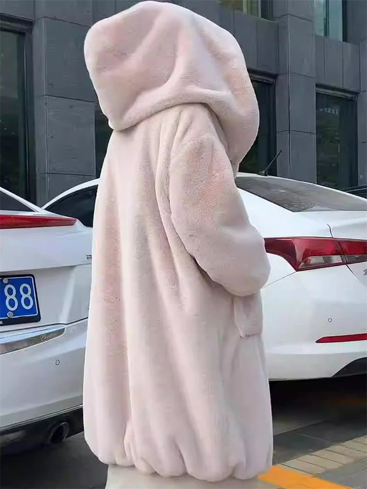 Hooded Thicken Faux Rabbit Fur Overcoats Korean Winter Warm Mid-length Coats High Quality Plush Chaquetas Women Furry Jackets