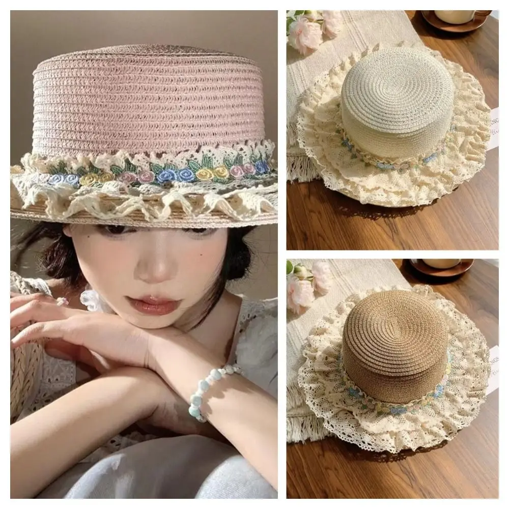 

Simple Japanese Style Lace Floral Brim Cap Wide Brim Flat Top Straw Woven Top Hat Sweet Lolita Women's Sun Hat Seaside