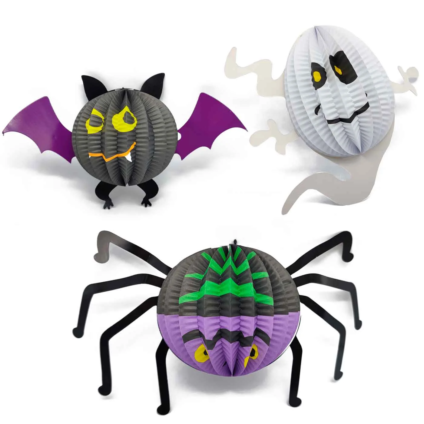 Tradineur - Pack of 3 Halloween figures-manufacture in cardboard-bat, spider and ghost-Ideal for decoration in